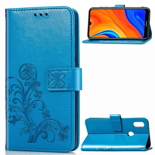 

For Huawei Y6s (2019) Four-leaf Clasp Embossed Buckle PU Leather Case with Lanyard & Card Slot & Wallet & Holder(Blue)