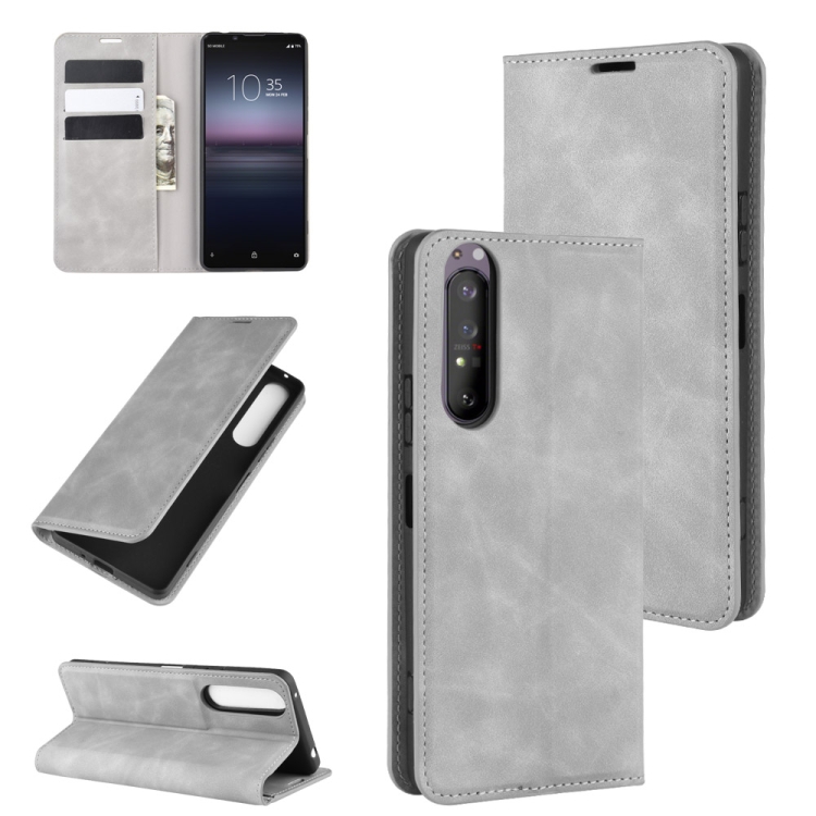 

For Sony Xperia 1 II Retro-skin Business Magnetic Suction Leather Case with Holder & Card Slots & Wallet(Grey)