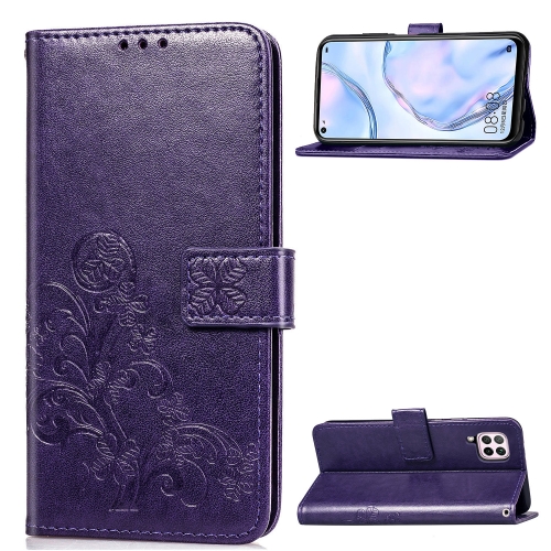 

For Huawei P40 Lite / Nova 6 SE / Nova 7i Four-leaf Clasp Embossed Buckle PU Leather Case with Lanyard & Card Slot & Wallet & Holder(Purple)