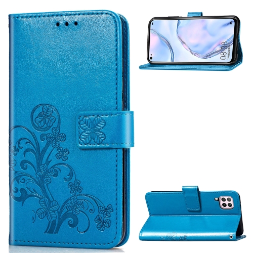 

For Huawei P40 Lite / Nova 6 SE / Nova 7i Four-leaf Clasp Embossed Buckle PU Leather Case with Lanyard & Card Slot & Wallet & Holder(Blue)
