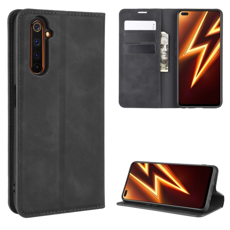 

For OPPO Realme 6 Pro Retro-skin Business Magnetic Suction Leather Case with Holder & Card Slots & Wallet(Black)