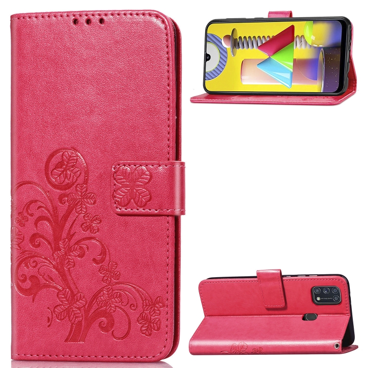 

For Galaxy M31 Four-leaf Clasp Embossed Buckle Mobile Phone Protection Leather Case with Lanyard & Card Slot & Wallet & Bracket Function(Magenta)