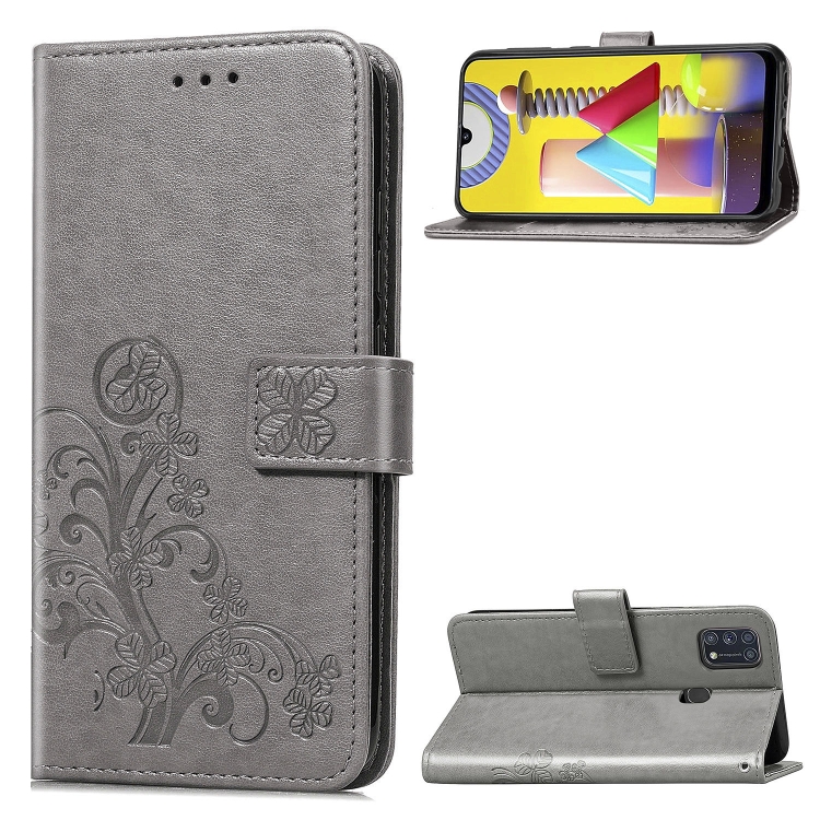

For Galaxy M31 Four-leaf Clasp Embossed Buckle Mobile Phone Protection Leather Case with Lanyard & Card Slot & Wallet & Bracket Function(Gray)