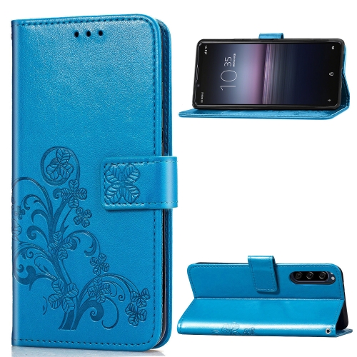 

For Sony Xperia 1 II Four-leaf Clasp Embossed Buckle PU Leather Case with Lanyard & Card Slot & Wallet & Holder(Blue)