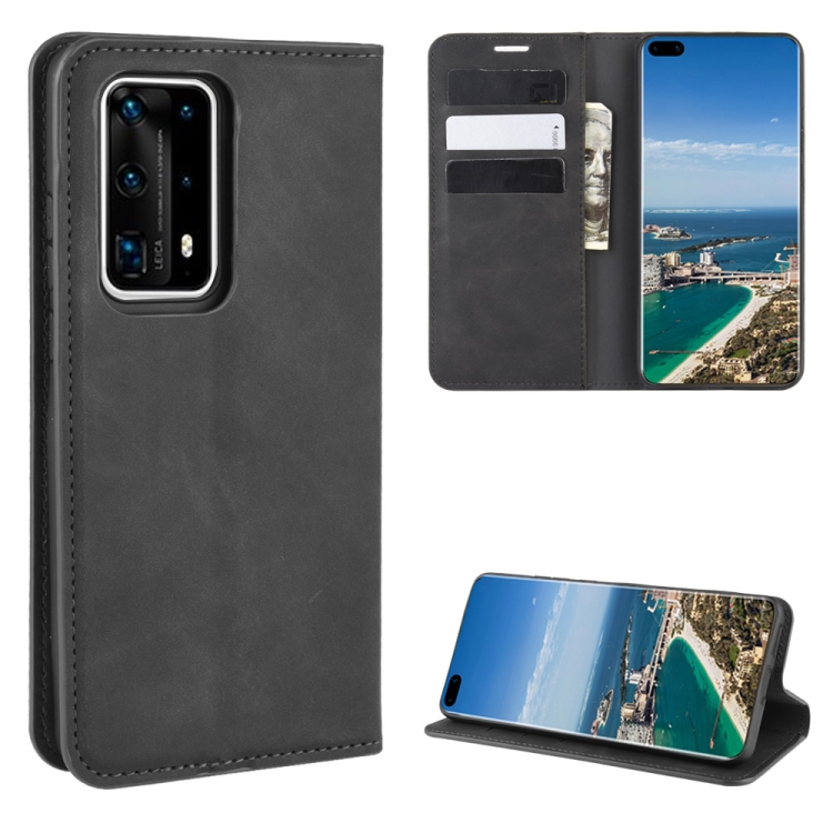 

For Huawei P40 Pro+ Retro-skin Business Magnetic Suction Leather Case with Holder & Card Slots & Wallet(Black)