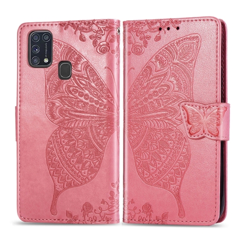 

For Galaxy M31 Butterfly Love Flower Embossed Horizontal Flip Leather Case with Bracket / Card Slot / Wallet / Lanyard(Pink)