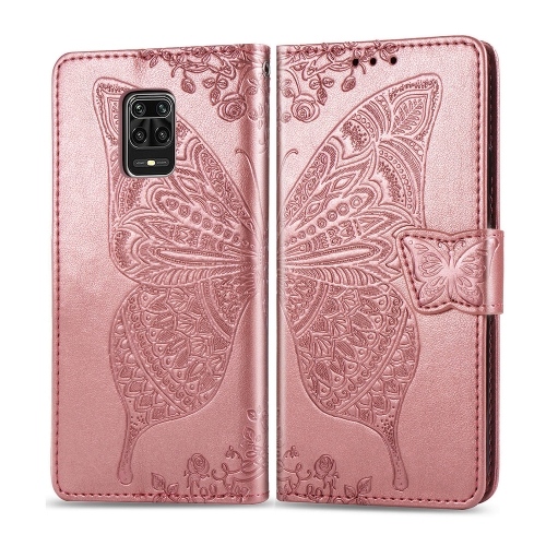 

For Xiaomi Redmi Note 9S/Note 9 Pro/Note 9 Pro Max Butterfly Love Flower Embossed Horizontal Flip Leather Case with Bracket / Card Slot / Wallet / Lanyard(Rose Gold)