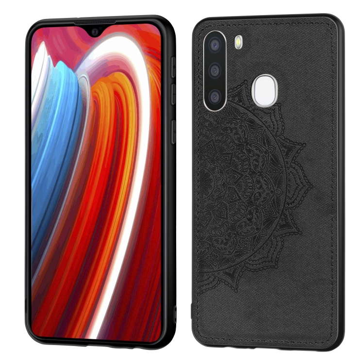

For Galaxy A21 Mandala Embossed Cloth Cover PC + TPU Mobile Phone Case with Magnetic Function and Hand Strap(Black)