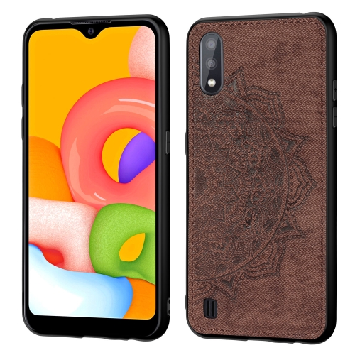 

For Galaxy A01 Mandala Embossed Cloth Cover PC + TPU Mobile Phone Case with Magnetic Function and Hand Strap(Brown)