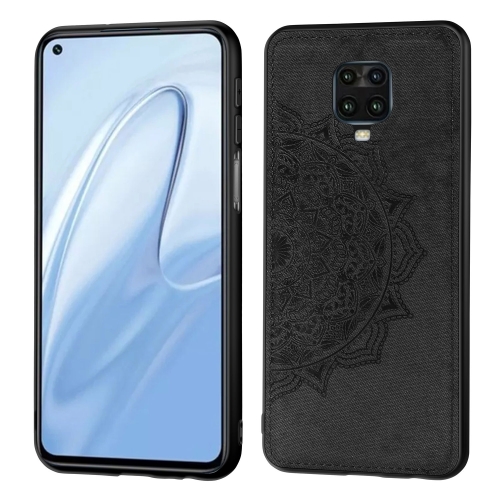 

For Xiaomi Redmi Note 9S/Note 9 Pro/Note 9 Pro Mandala Embossed Cloth Cover PC + TPU Mobile Phone Case with Magnetic Function and Hand Strap(Black)