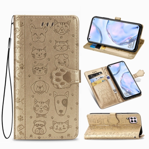 

For Huawei P40 Lite/Nova 7i/Nova 6se Cute Cat and Dog Embossed Horizontal Flip Leather Case with Bracket / Card Slot / Wallet / Lanyard(Gold)