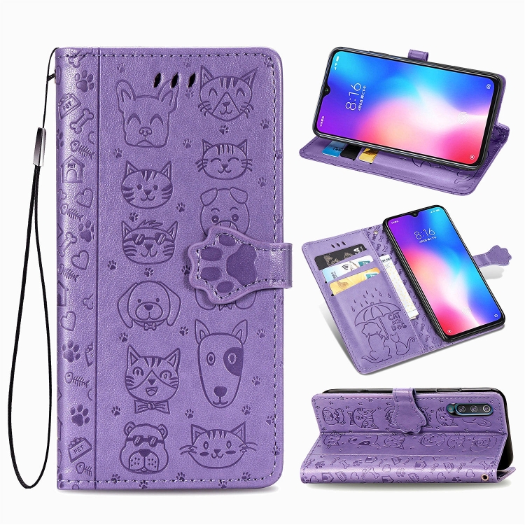 

For Xiaomi 9 Se Cute Cat and Dog Embossed Horizontal Flip Leather Case with Bracket / Card Slot / Wallet / Lanyard(Purple)