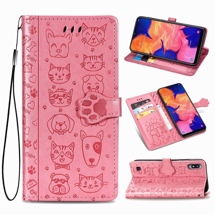 

For Galaxy A10 Cute Cat and Dog Embossed Horizontal Flip Leather Case with Bracket / Card Slot / Wallet / Lanyard(Pink)