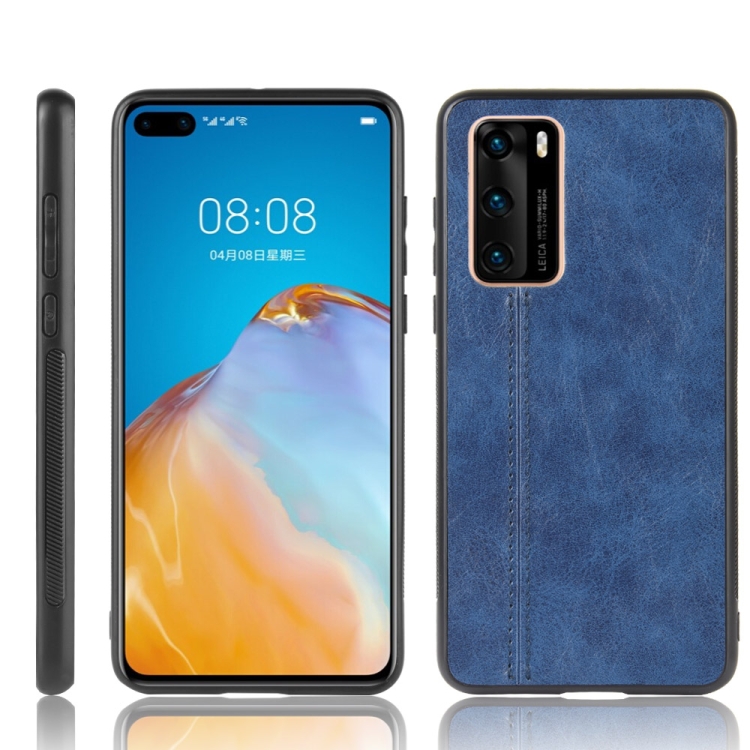 

For Huawei P40 Shockproof Sewing Cow Pattern Skin PC + PU + TPU Case(Blue)