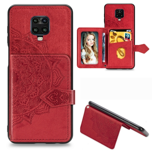 

For Xiaomi Redmi Note 9S/Note 9 Pro/Note 9 Pro Max Mandala Embossed Magnetic Cloth PU + TPU + PC Case with Holder & Card Slots & Wallet & Photo Frame & Strap(Red)