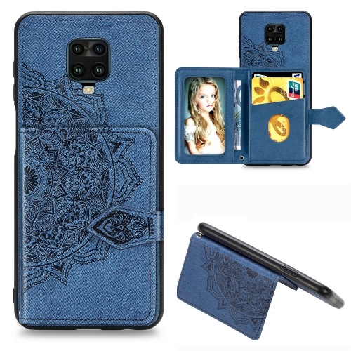 

For Xiaomi Redmi Note 9S/Note 9 Pro/Note 9 Pro Max Mandala Embossed Magnetic Cloth PU + TPU + PC Case with Holder & Card Slots & Wallet & Photo Frame & Strap(Blue)