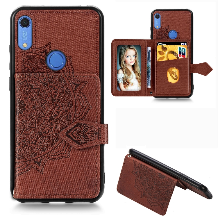 

For Huawei Y6s (2019) Mandala Embossed Magnetic Cloth PU + TPU + PC Case with Holder & Card Slots & Wallet & Photo Frame & Strap(Brown)