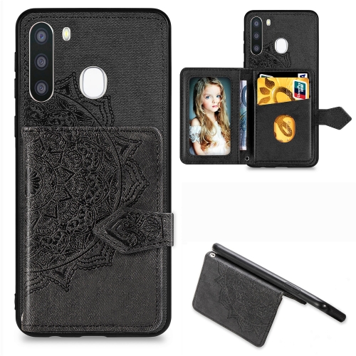 

For Galaxy A21 Mandala Embossed Magnetic Cloth PU + TPU + PC Case with Holder & Card Slots & Wallet & Photo Frame & Strap(Black)