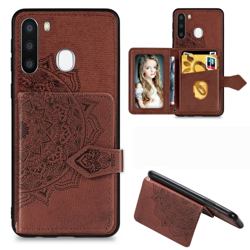 

For Galaxy A21 Mandala Embossed Magnetic Cloth PU + TPU + PC Case with Holder & Card Slots & Wallet & Photo Frame & Strap(Brown)