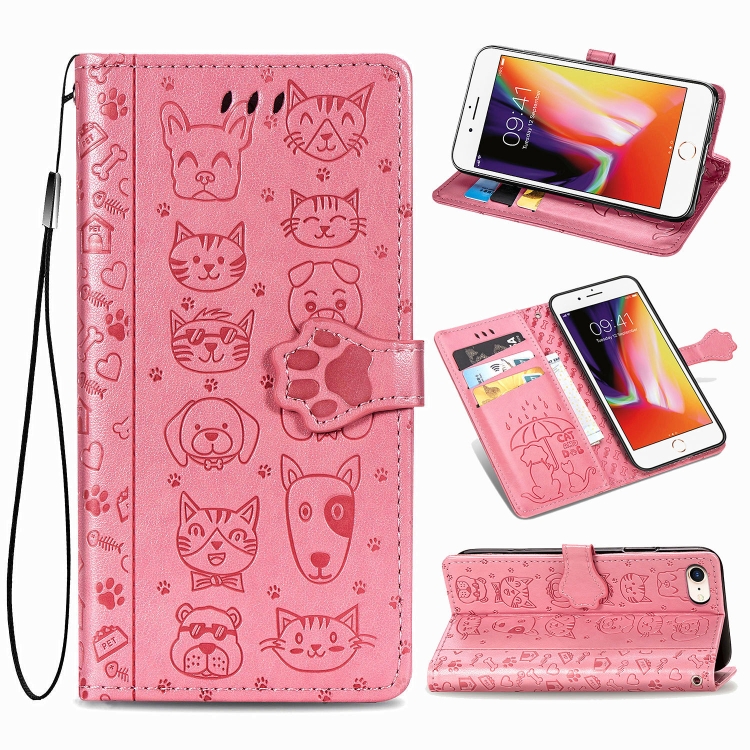 

For iPhone SE 2020 Cute Cat and Dog Embossed Horizontal Flip Leather Case with Bracket / Card Slot / Wallet / Lanyard(Pink)