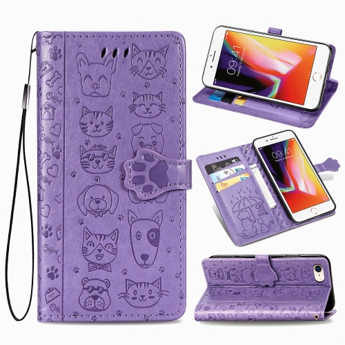 

For iPhone SE (2020) Cute Cat and Dog Embossed Horizontal Flip Leather Case with Bracket / Card Slot / Wallet / Lanyard(Purple)