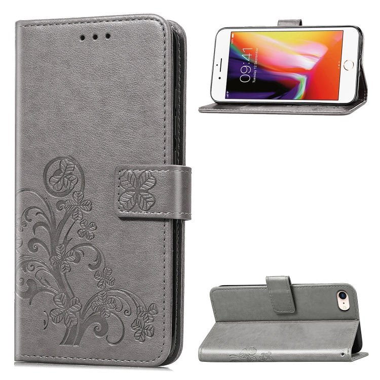 

For iPhone SE 2020 Four-leaf Clasp Embossed Buckle Mobile Phone Protection Leather Case with Lanyard & Card Slot & Wallet & Bracket Function(Gray)