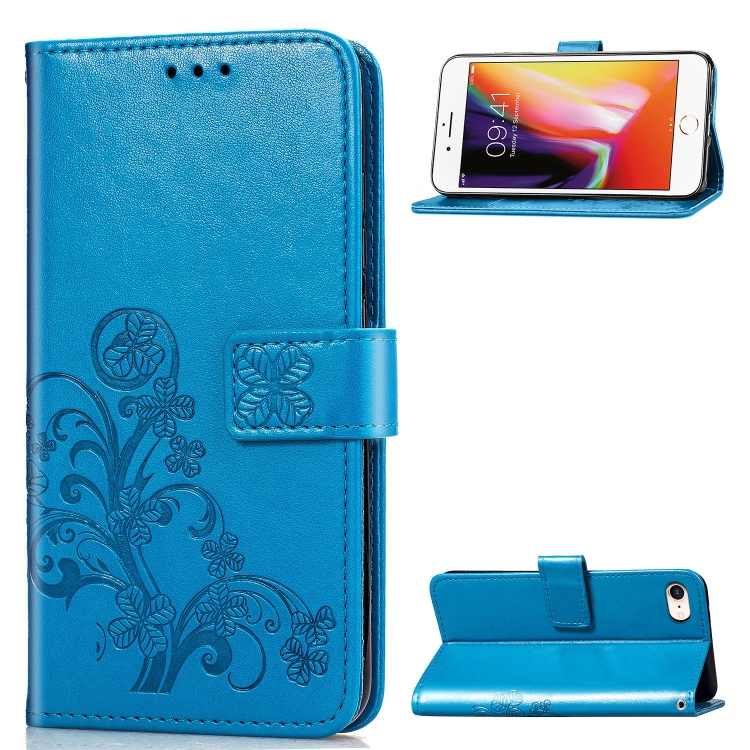 

For iPhone SE 2020 Four-leaf Clasp Embossed Buckle Mobile Phone Protection Leather Case with Lanyard & Card Slot & Wallet & Bracket Function(Blue)