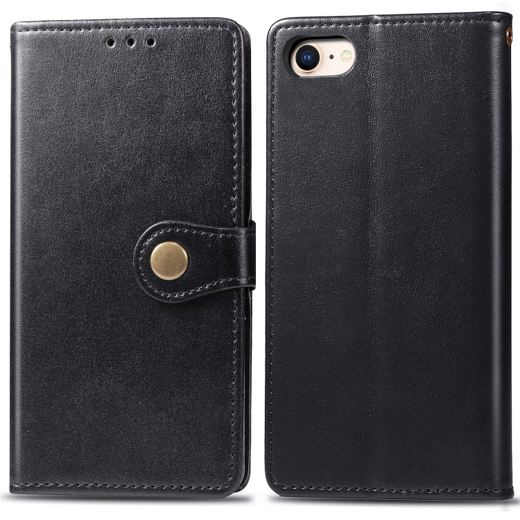 

For iPhone SE (2020) Retro Solid Color Leather Buckle Phone Case with Lanyard & Photo Frame & Card Slot & Wallet & Stand Function(Black)