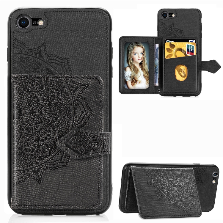 

For iPhone SE (2020) Mandala Embossed Magnetic Cloth PU + TPU + PC Case with Holder & Card Slots & Wallet & Photo Frame & Strap(Black)