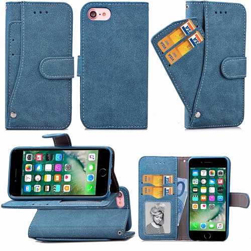 

For iPhone SE 2020 Matte Leather Rotary Card Case with Card Slot and Photo Frame and Stand Function(Blue)