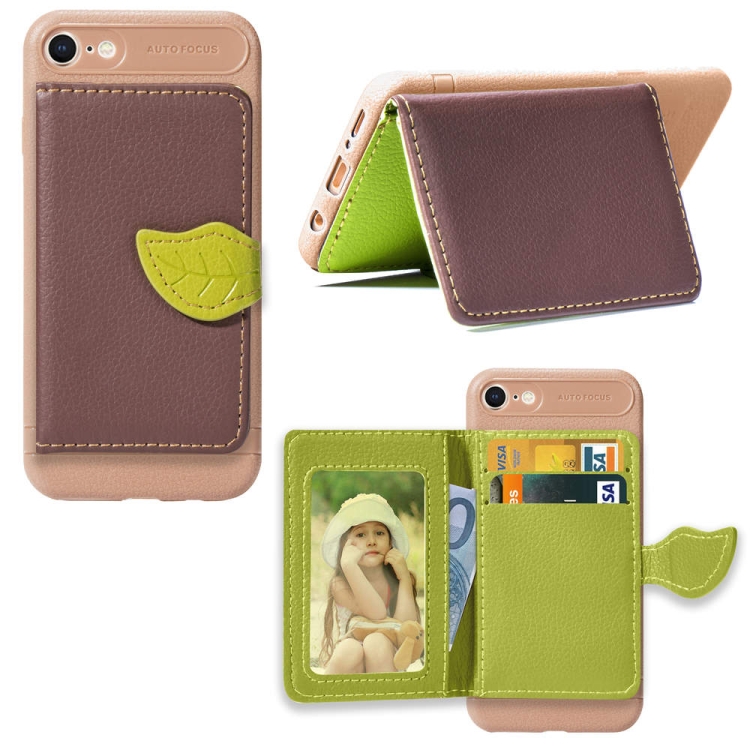 

For iPhone SE 2020 Leaf Buckle Litchi Texture Card Holder PU + TPU Case with Card Slot & Wallet & Holder & Photo Frame(Brown)