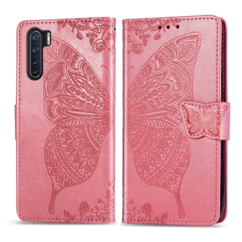 

For OPPO F15/A91 Butterfly Love Flower Embossed Horizontal Flip Leather Case with Bracket / Card Slot / Wallet / Lanyard(Pink)