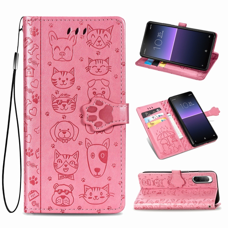 

For Sony Xperia 10 II Cute Cat and Dog Embossed Horizontal Flip Leather Case with Bracket / Card Slot / Wallet / Lanyard(Pink)