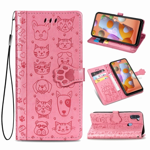 

For Galaxy M11 Cute Cat and Dog Embossed Horizontal Flip Leather Case with Bracket / Card Slot / Wallet / Lanyard(Pink)