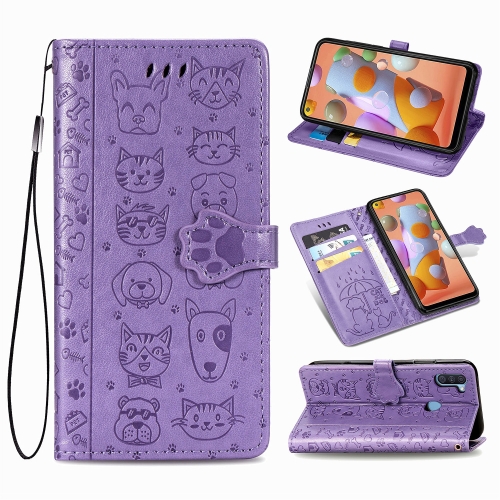 

For Galaxy M11 Cute Cat and Dog Embossed Horizontal Flip Leather Case with Bracket / Card Slot / Wallet / Lanyard(Purple)