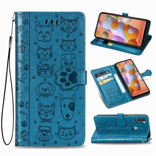 

For Galaxy A11 Cute Cat and Dog Embossed Horizontal Flip Leather Case with Bracket / Card Slot / Wallet / Lanyard(Blue)