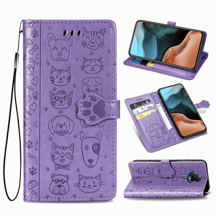 

For Xiaomi Redmi K30 Pro Cute Cat and Dog Embossed Horizontal Flip Leather Case with Bracket / Card Slot / Wallet / Lanyard(Purple)