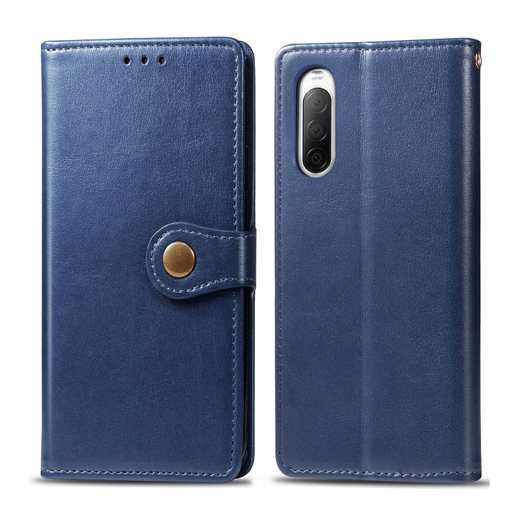

For Sony Xperia 10 II Retro Solid Color Leather Buckle Phone Case with Lanyard & Photo Frame & Card Slot & Wallet & Stand Function(Blue)
