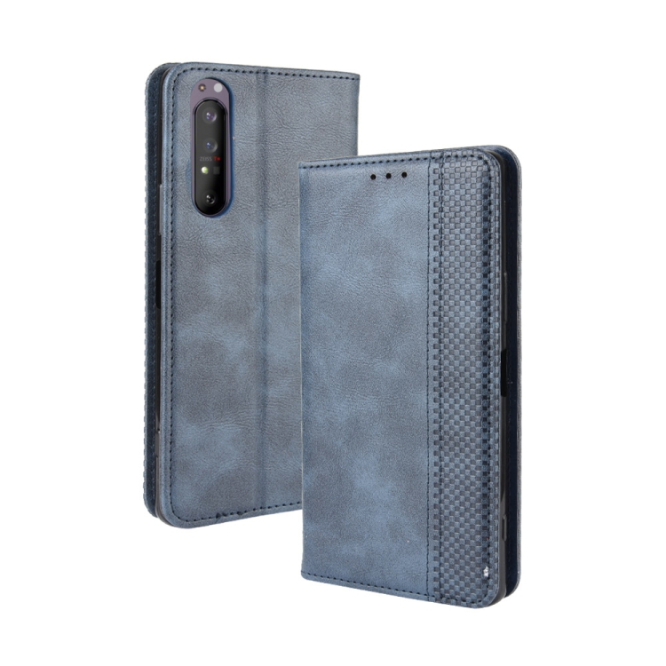 

For Sony Xperia 1 II Magnetic Buckle Retro Crazy Horse Texture Horizontal Flip Leather Case , with Holder & Card Slots & Photo Frame(Blue)