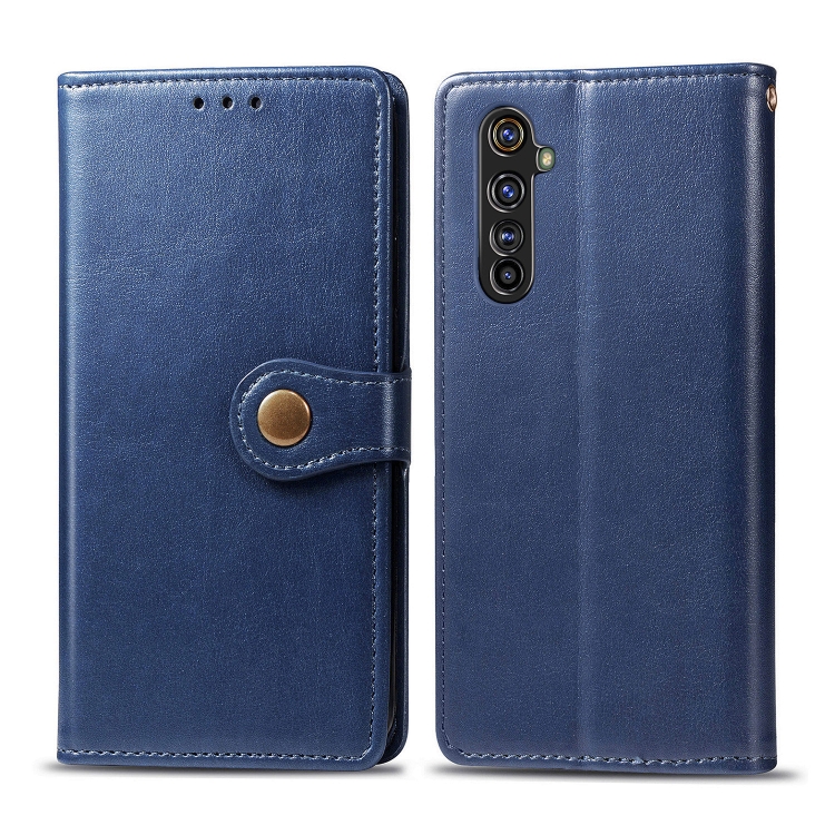 

For OPPO Realme X50 Pro Retro Solid Color Leather Buckle Phone Case with Lanyard & Photo Frame & Card Slot & Wallet & Stand Function(Blue)
