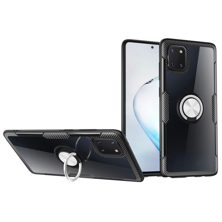 

For Galaxy A81 Shockproof Transparent TPU + Acrylic Protective Case with Ring Holder(Black+Silver)