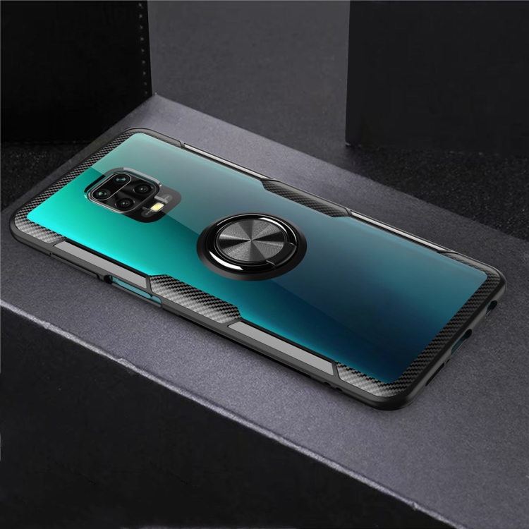 

For Xiaomi Redmi Note 9 Pro Max Shockproof Transparent TPU + Acrylic Protective Case with Ring Holder(Black)