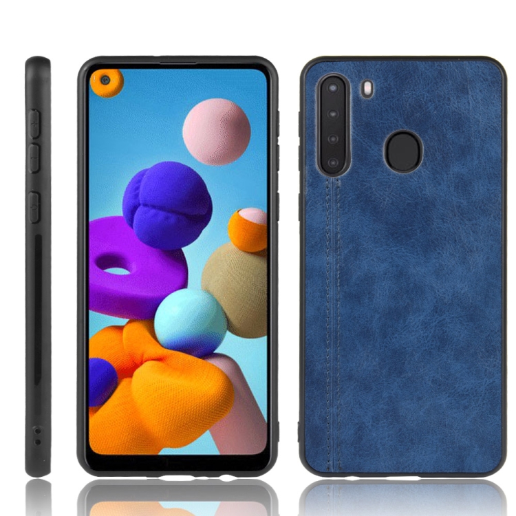 

For Galaxy A21 Shockproof Sewing Cow Pattern Skin PC + PU + TPU Case(Blue)
