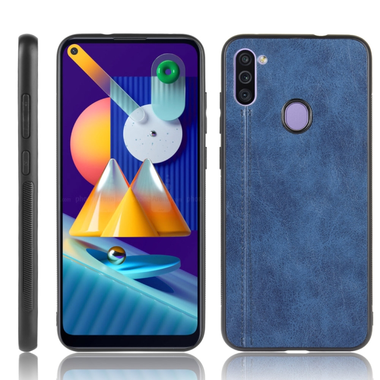 

For Galaxy A11 Shockproof Sewing Cow Pattern Skin PC + PU + TPU Case(Blue)