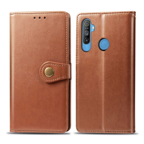 

For OPPO Realme C3 Retro Solid Color Leather Buckle Phone Case with Lanyard & Photo Frame & Card Slot & Wallet & Stand Function(Brown)