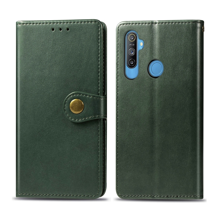 

For OPPO Realme C3 Retro Solid Color Leather Buckle Phone Case with Lanyard & Photo Frame & Card Slot & Wallet & Stand Function(Green)