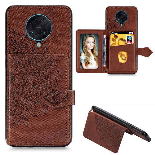 

For Xiaomi POCO X2 Mandala Embossed Magnetic Cloth PU + TPU + PC Case with Holder & Card Slots & Wallet & Photo Frame & Strap(Brown)