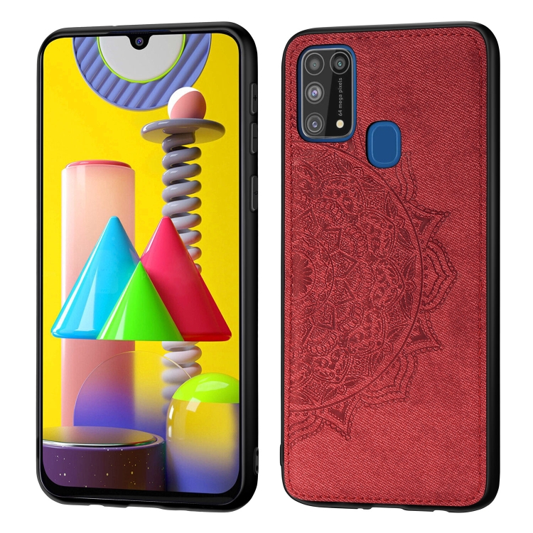 

For Galaxy M31 Mandala Embossed Cloth Cover PC + TPU Mobile Phone Case with Magnetic Function and Hand Strap(Red)