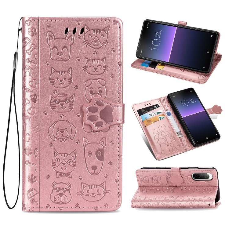 

For Sony Xperia 1 II Cute Cat and Dog Embossed Horizontal Flip Leather Case with Bracket / Card Slot / Wallet / Lanyard(Rose Gold)