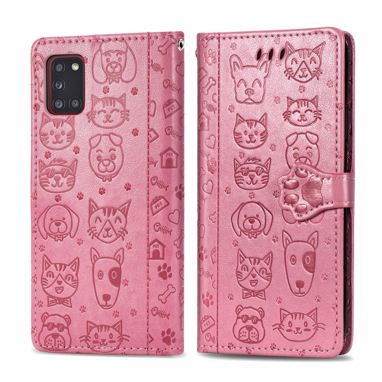 

For Galaxy A31 Cute Cat and Dog Embossed Horizontal Flip Leather Case with Bracket / Card Slot / Wallet / Lanyard(Pink)
